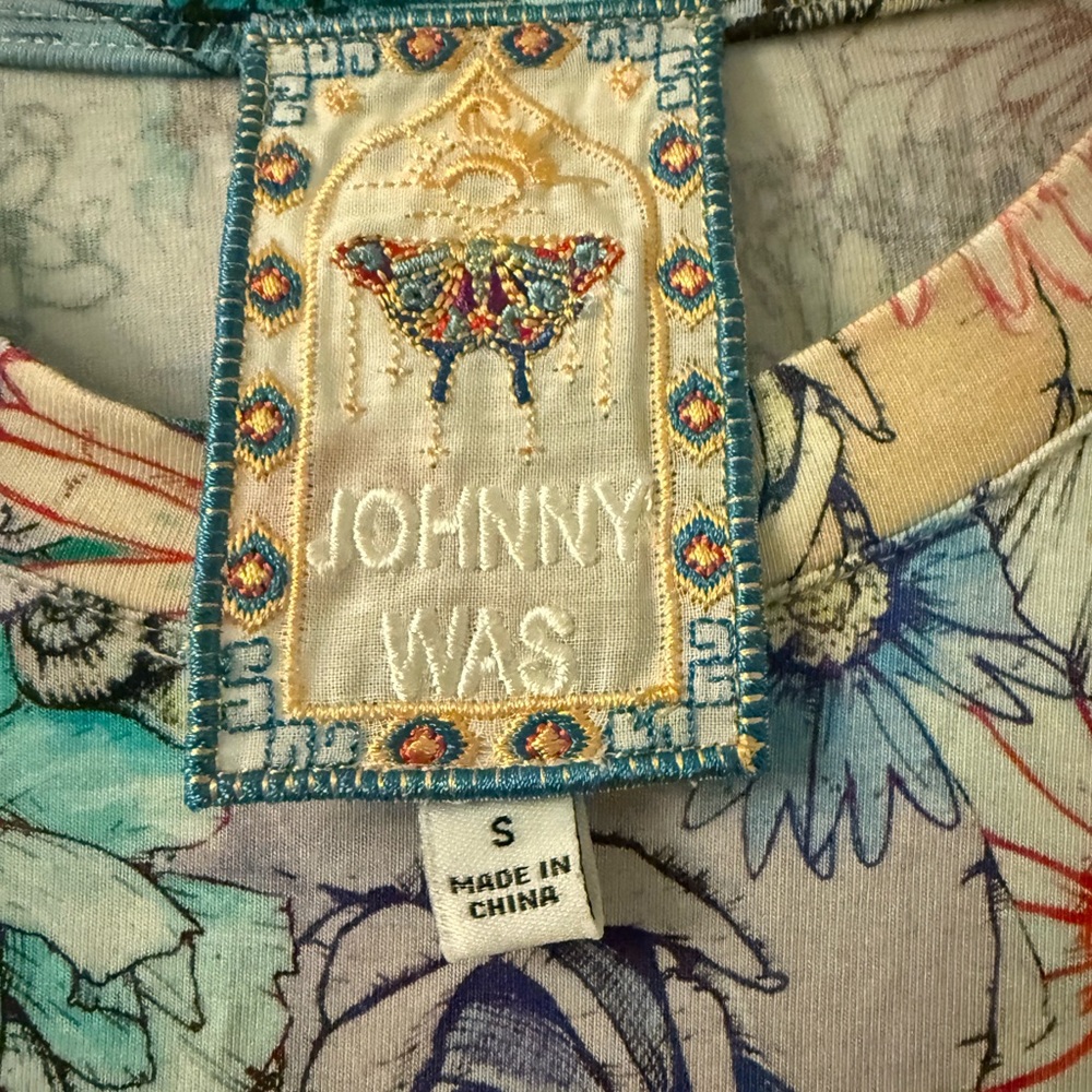 Johnny Was Multicolor Floral Short Sleeve Tee with Teal Accents - Picture 2 of 4